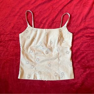 90s Floral Glitter Print Fairy Boho Cream and White Milkmaid Tank Top